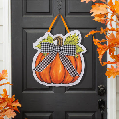 Checkered Bow Pumpkin Door Hanger; Burlap