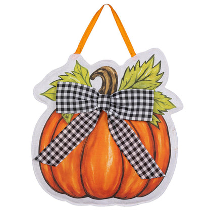 Checkered Bow Pumpkin Door Hanger; Burlap