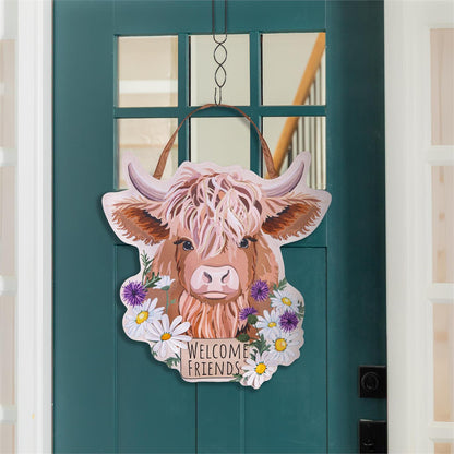 Highland Cow Welcome Friends Estate Sunshine Door Hanger; Burlap