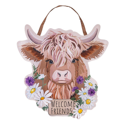 Highland Cow Welcome Friends Estate Sunshine Door Hanger; Burlap
