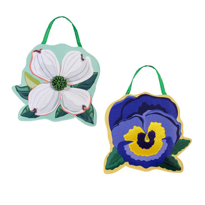 Vibrant Pansies & Dogwood Blossom Double Sided Door Hanger; Burlap
