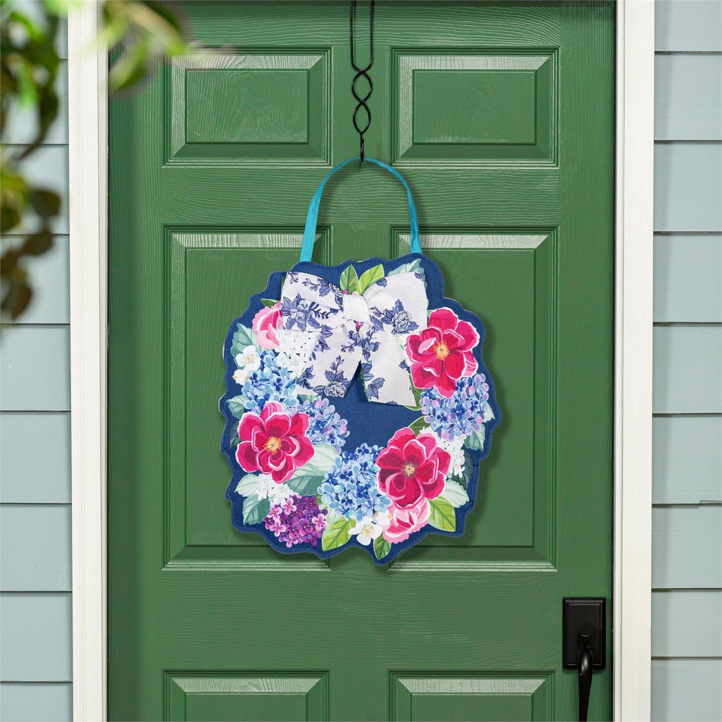 Chinoiserie Bow Floral Wreath Double Sided Door Hanger; Burlap