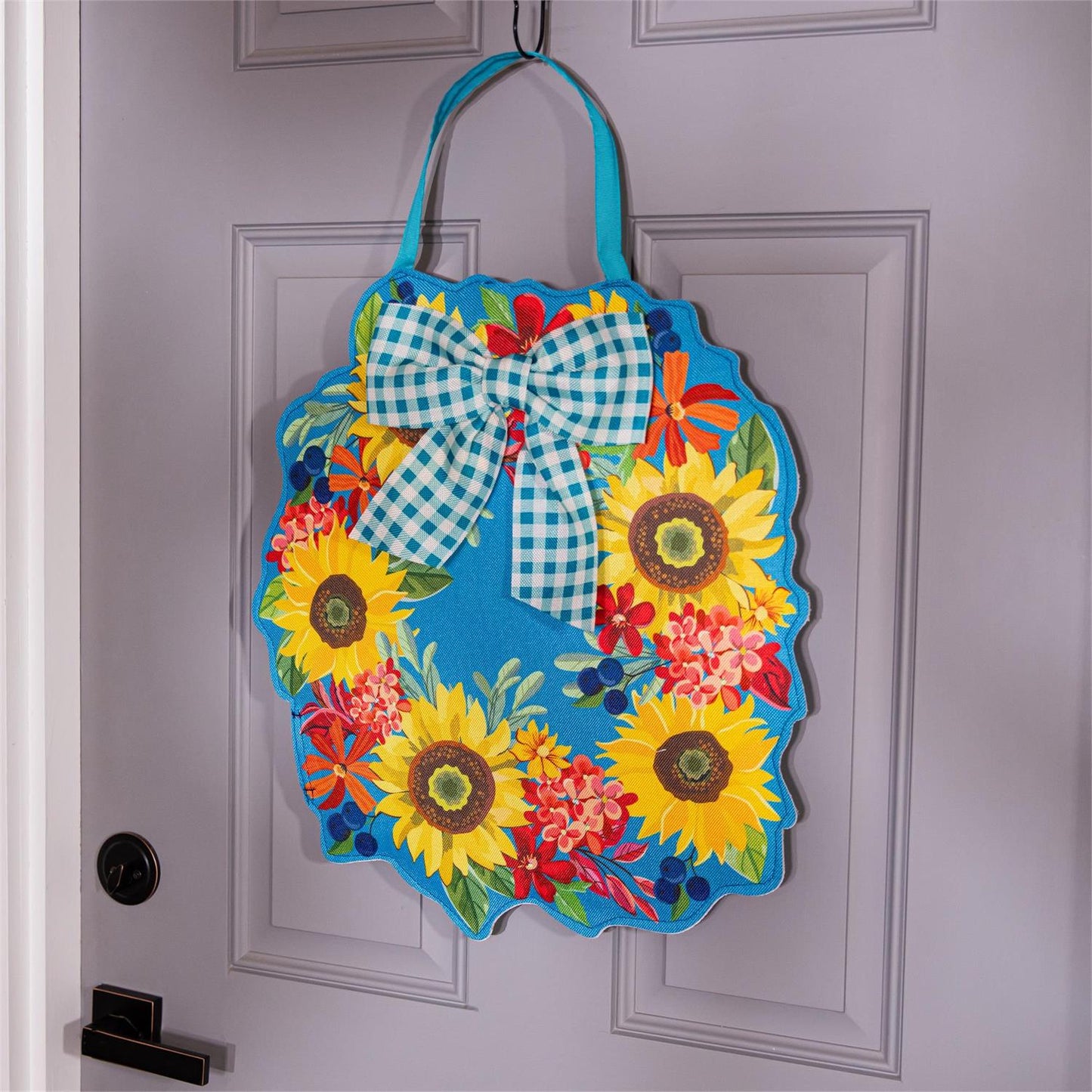 Chinoiserie Bow Floral Wreath Double Sided Door Hanger; Burlap