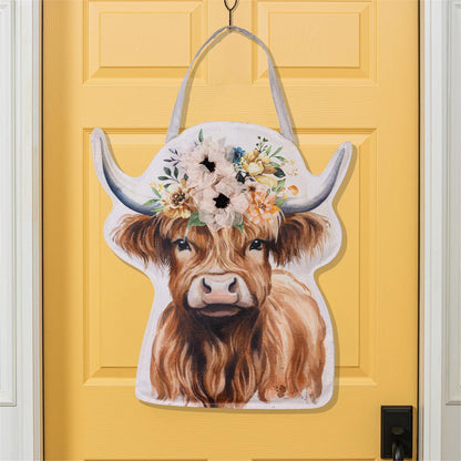 Petal & Plow Floral Highland Cow Door Hanger; Burlap