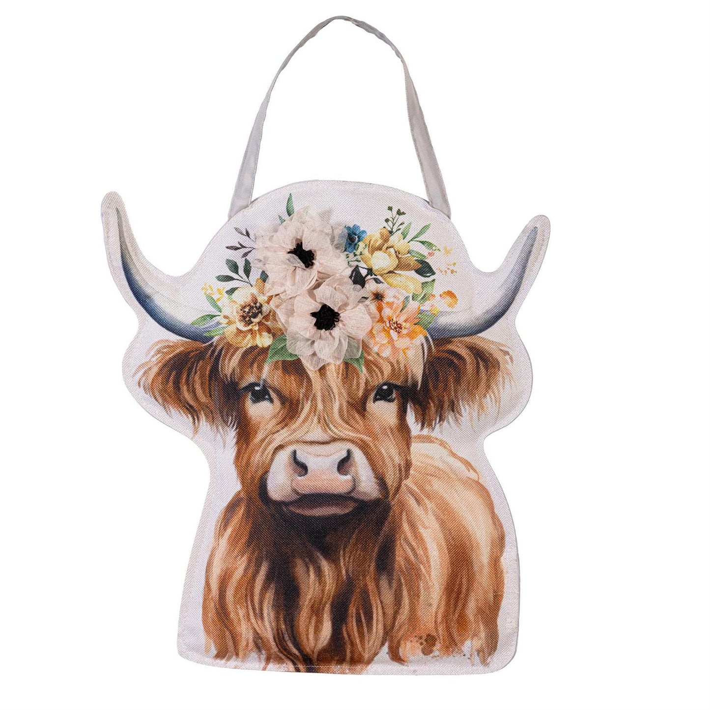 Petal & Plow Floral Highland Cow Door Hanger; Burlap