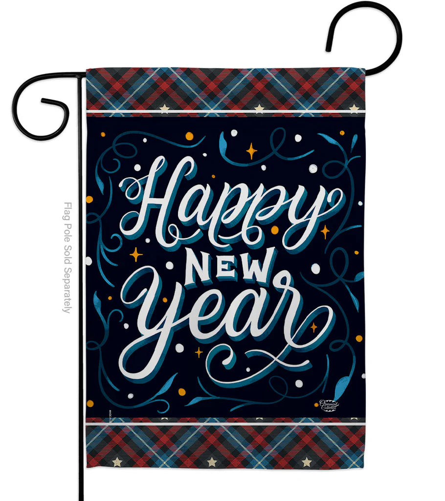 Plaid Happy New Year Garden Flag