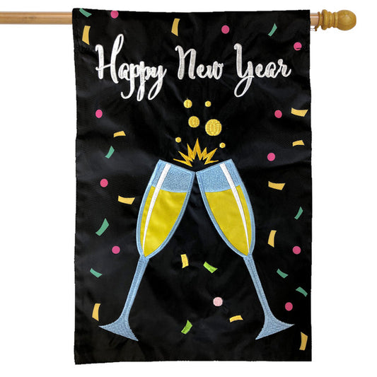 Happy New Year Applique House Flag; Polyester 28"x40"