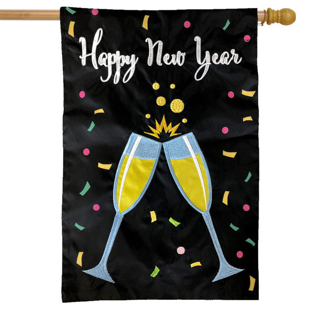 Happy New Year Applique House Flag; Polyester 28"x40"
