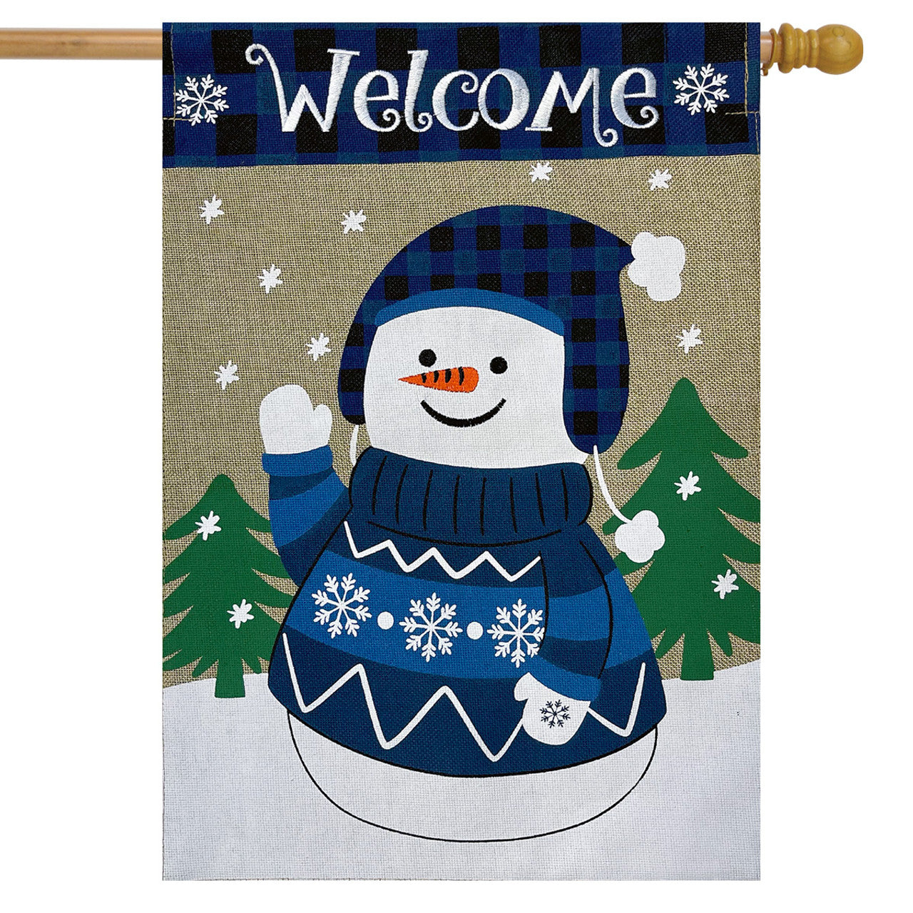 Happy Snowman Printed House Flag; Burlap-Polyester 28"x40"
