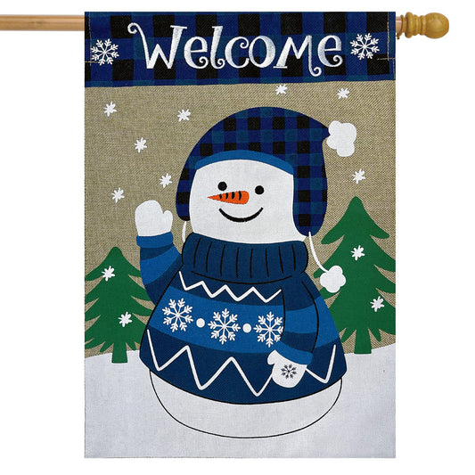 Happy Snowman Printed House Flag; Burlap-Polyester 28"x40"