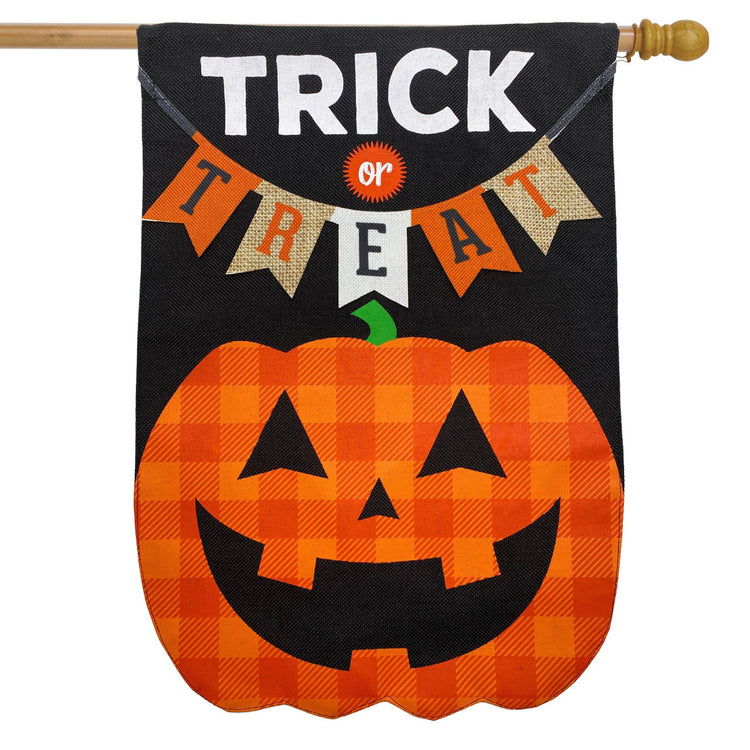 Trick or Treat Pumpkin Printed House Flag; Burlap-Polyester 28"x40"