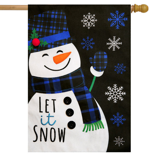 Blue Checkered Snowman Printed House Flag; Burlap-Polyester 28"x40"