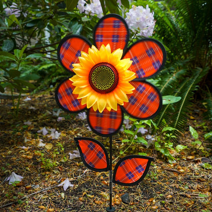 Red Plaid Sunflower with Leaves Flower Spinner; 24"Tx12"Wx4"OD