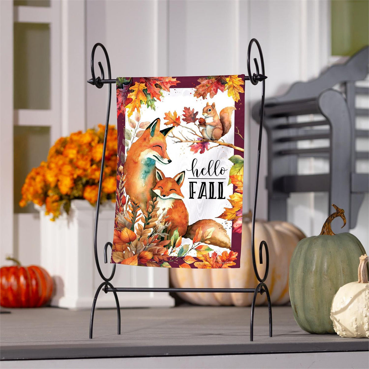 Fall Fox Family Moire Garden Flag; Polyester 12.5"x18"