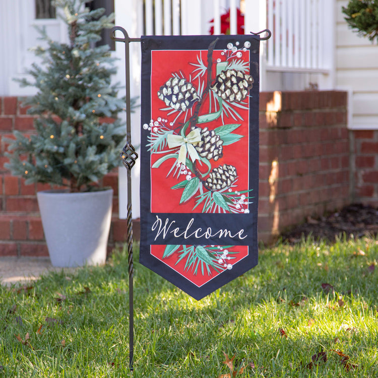 Winter Pine Welcome Everlasting Impressions Garden Flag; Polyester-Linen Blend 12.5"x28"