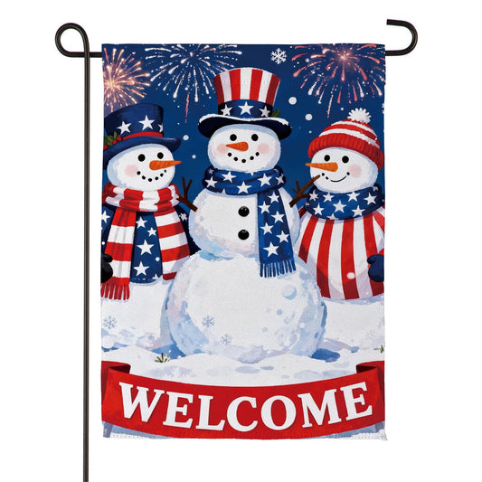 Patriotic Snowman Trio Suede Garden Flag; Polyester 12.5"x18"