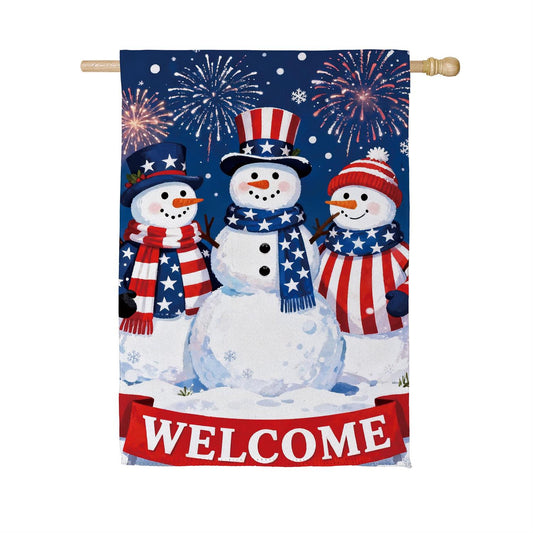 Patriotic Snowman Trio Suede House Flag; Polyester 29"x43"