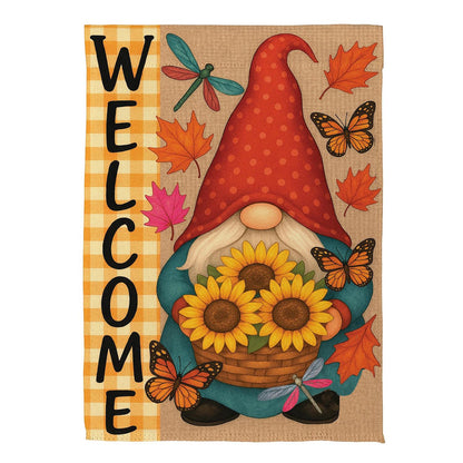 Welcome Sunflower Gnome Suede House Flag; Polyester 29"x43"