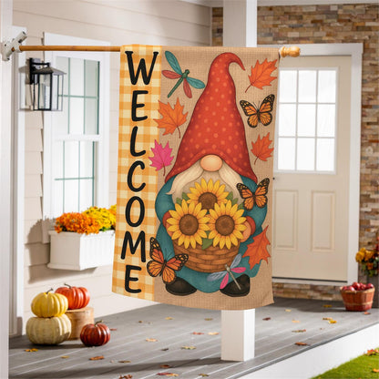 Welcome Sunflower Gnome Suede House Flag; Polyester 29"x43"