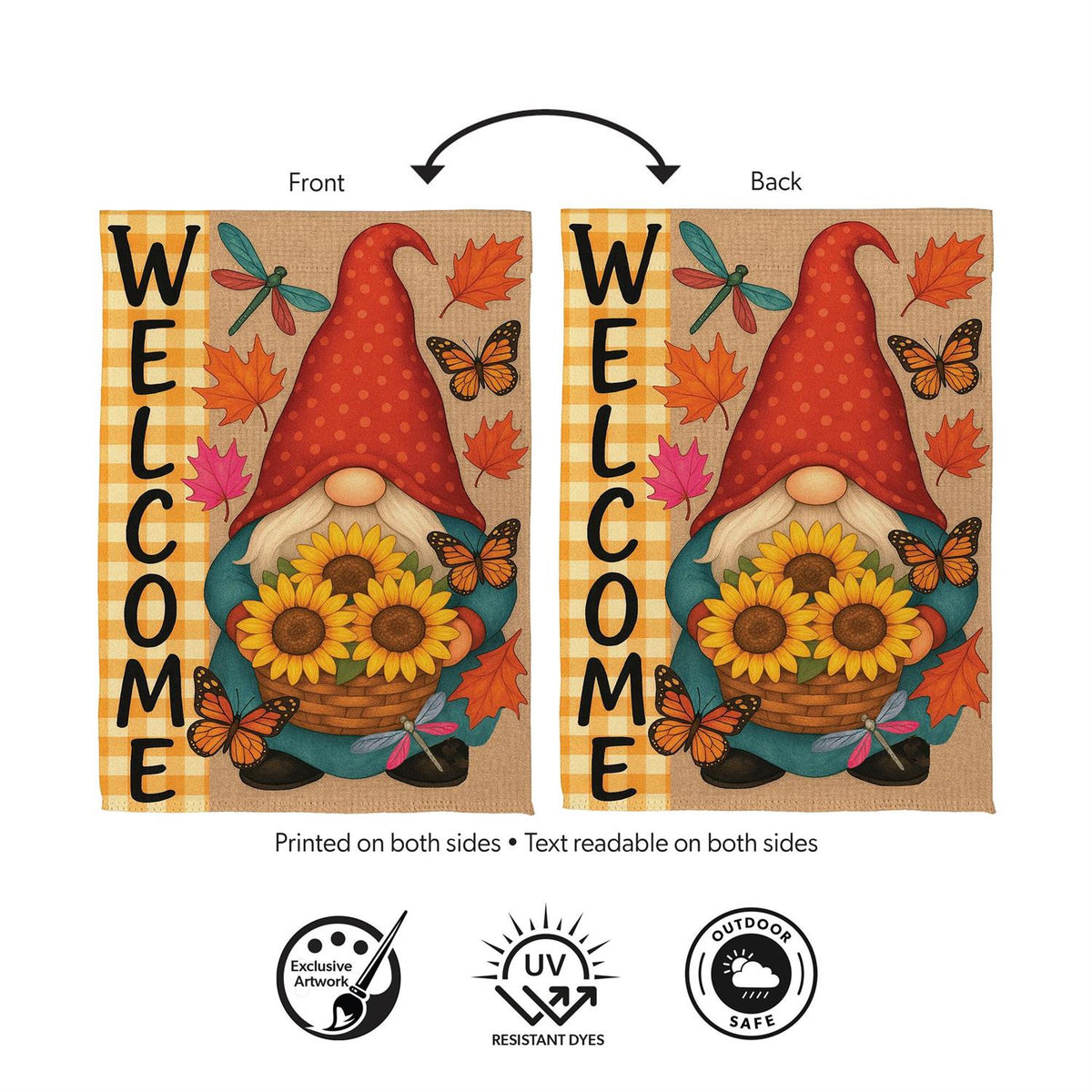 Welcome Sunflower Gnome Suede House Flag; Polyester 29"x43"