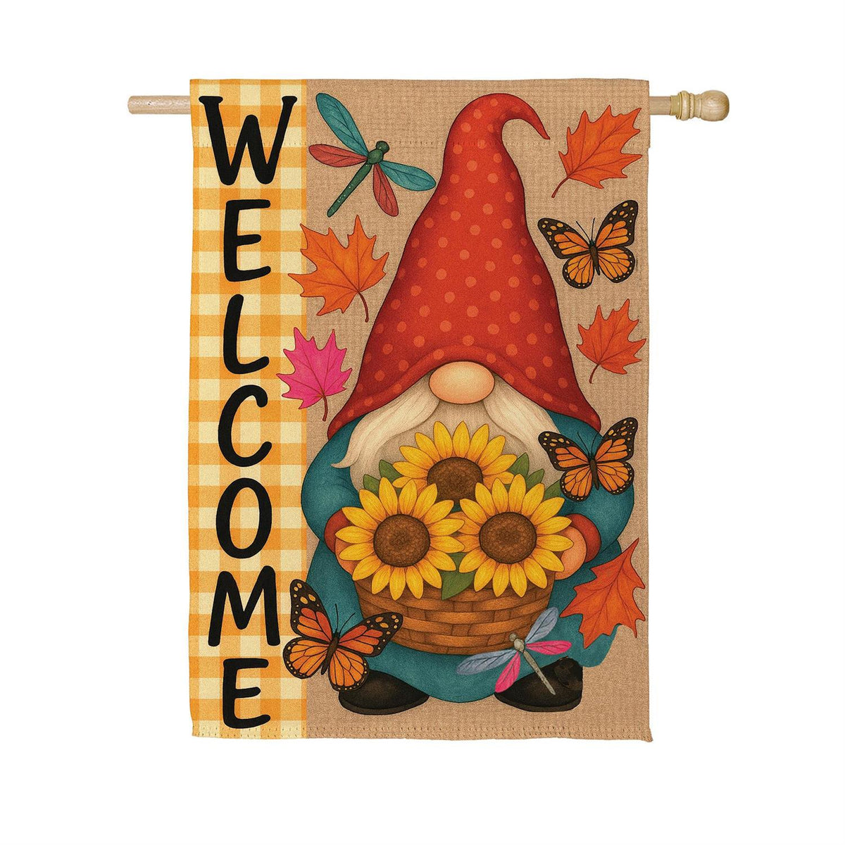 Welcome Sunflower Gnome Suede House Flag; Polyester 29"x43"