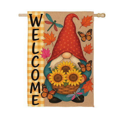 Welcome Sunflower Gnome Suede House Flag; Polyester 29"x43"