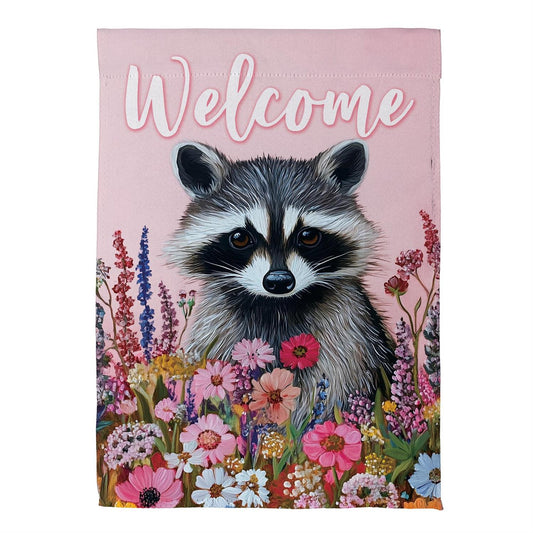Floral Racoon Suede House Flag; Polyester 29"x43"
