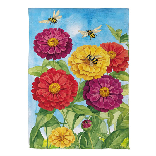 Multicolor Zinnias & Bees Printed Suede Garden Flag; Polyester 12.5"x18"