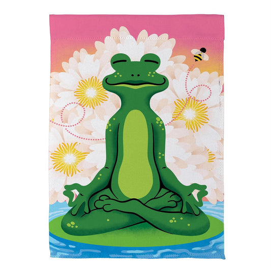 Meditating Summer Frog Printed Suede Garden Flag; Polyester 12.5"x18"