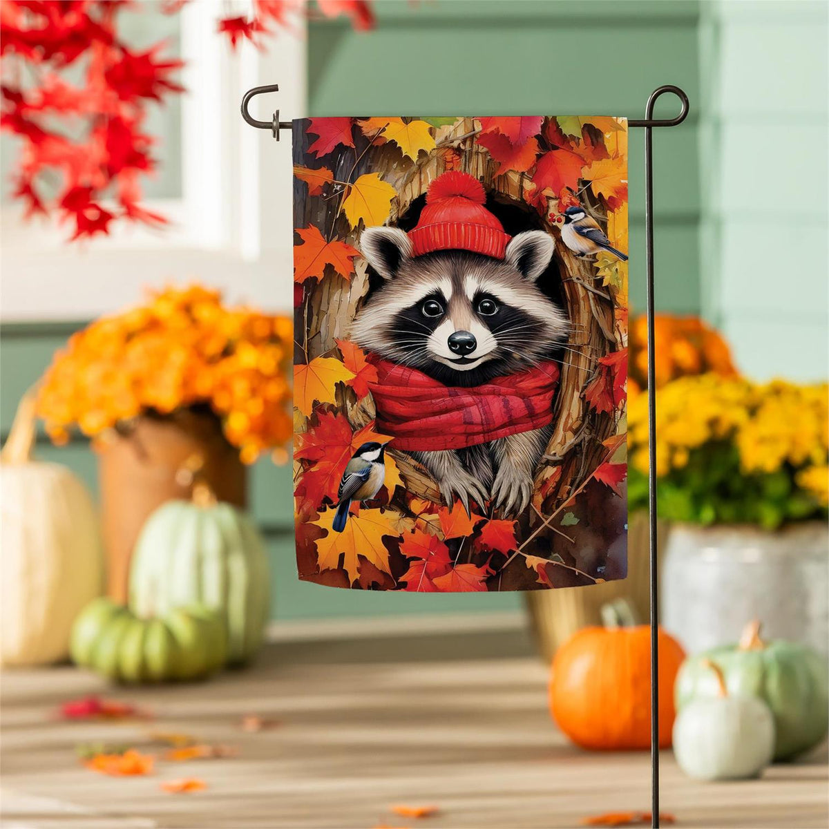 Cozy Fall Racoon Printed Suede Garden Flag; Polyester 12.5"x18"