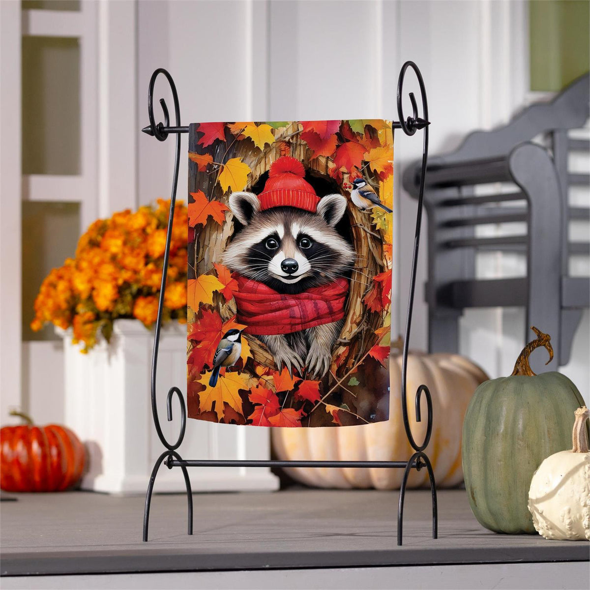 Cozy Fall Racoon Printed Suede Garden Flag; Polyester 12.5"x18"