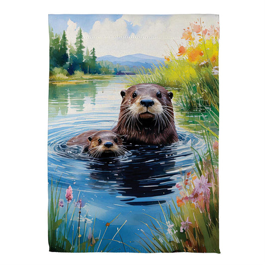 Otter Family Printed Suede Garden Flag; Polyester 12.5"x18"