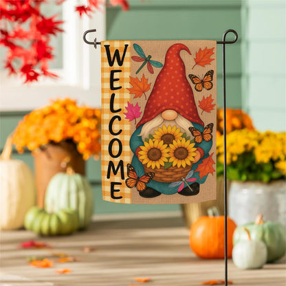 Welcome Sunflower Gnome Printed Suede Garden Flag; Polyester 12.5"x18"