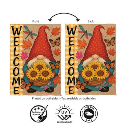 Welcome Sunflower Gnome Printed Suede Garden Flag; Polyester 12.5"x18"