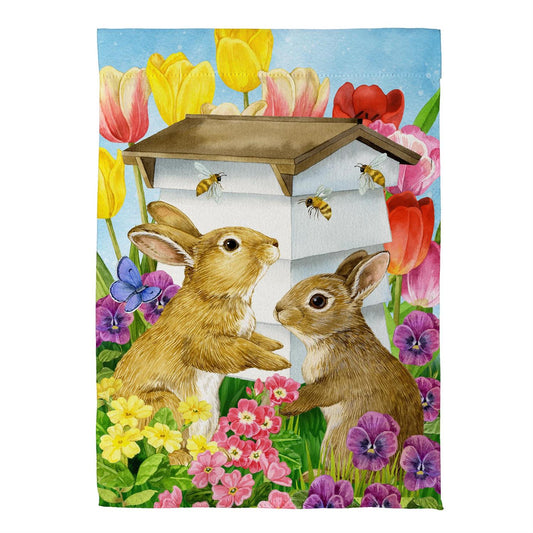 Bunny Beehive Printed Suede Garden Flag; Polyester 12.5"x18"