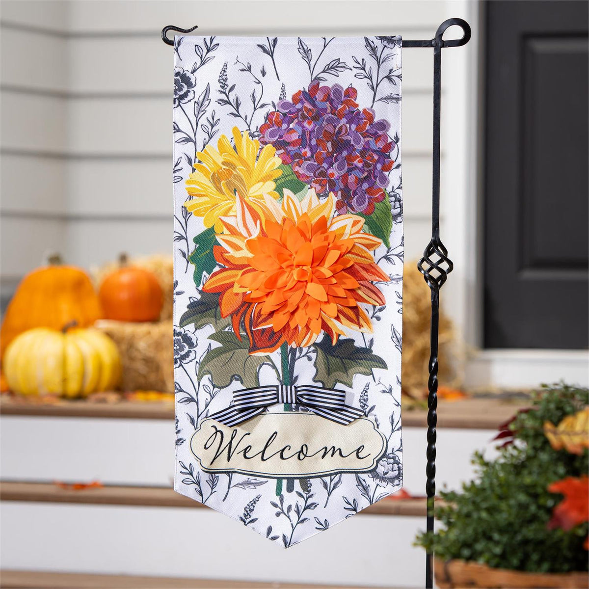 Fall Floral Toile Everlasting Impressions Garden Flag; Polyester-Linen Blend 12.5"x28"