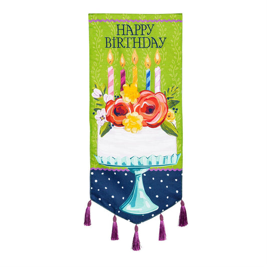 Floral Happy Birthday Cake Everlasting Impressions Garden Flag; Polyester-Linen Blend 12.5"x28"