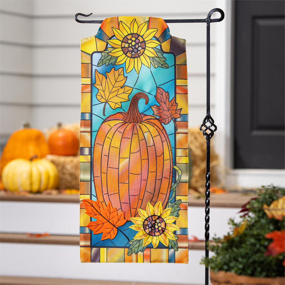 Fall Pumpkin Stained Glass Everlasting Impressions Garden Flag; Polyester-Linen Blend 12.5"x28"