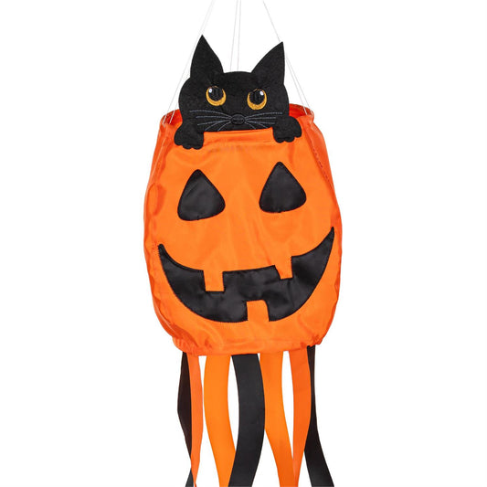 Jack O'Lantern Cat Windsock; Polyester 11"ODx40"L