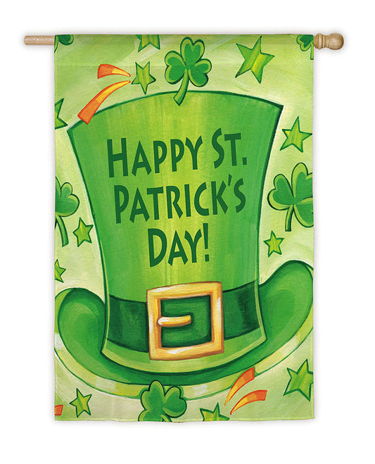 Happy St.Patricks Day Leprechaun Hat Printed Seasonal House Flag; Polyester