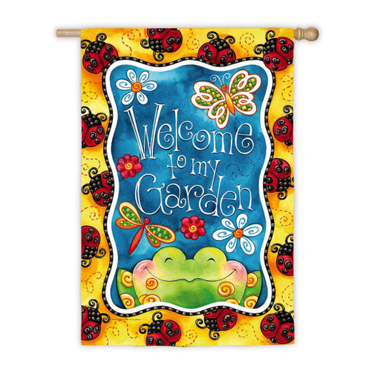 "Welcome to My Garden Frog" Printed Suede Seasonal House Flag; Polyester