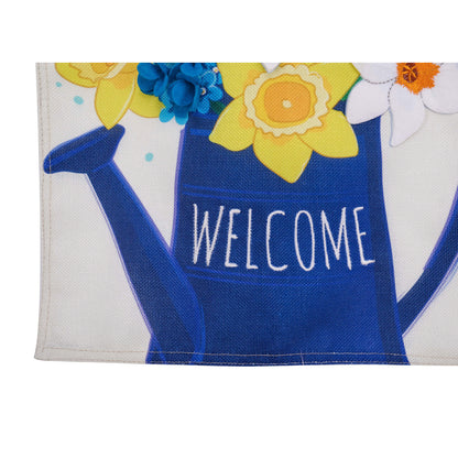 Spring Flower Watering Can Burlap House Flag; Polyester 28"x44"