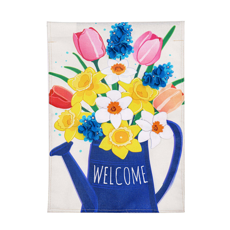 Spring Flower Watering Can Burlap House Flag; Polyester 28"x44"