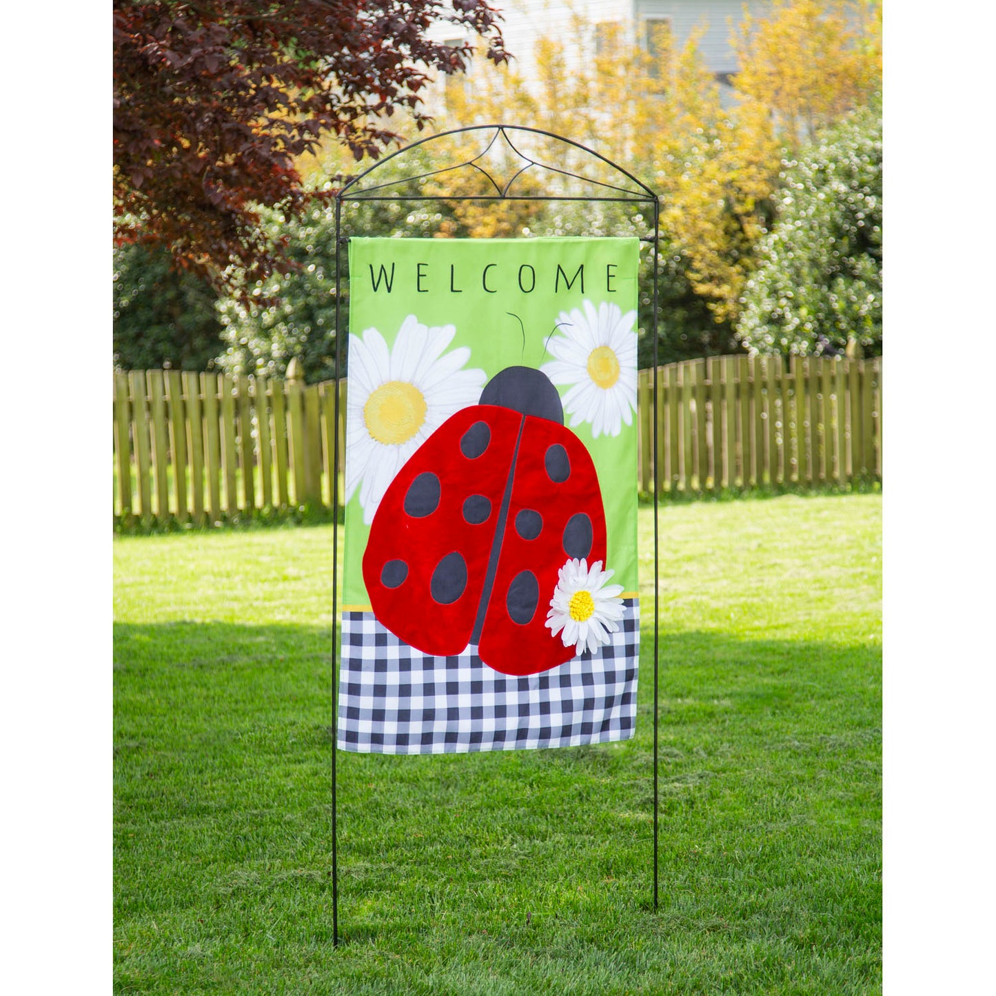Ladybug with Checks Printed Burlap House Flag; Polyester 28"x44"