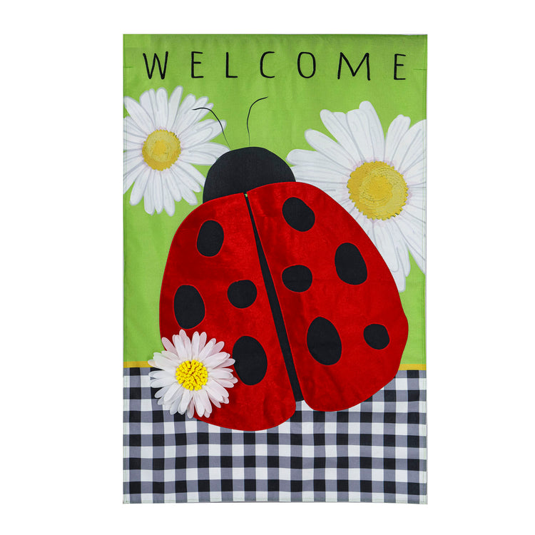 Ladybug with Checks Printed Burlap House Flag; Polyester 28"x44"