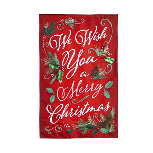 We Wish You a Merry Christmas Printed Burlap House Flag; Polyester 28"x44"