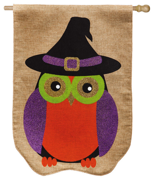 Glitter Halloween Owl Printed Burlap Seasonal House Flag; Polyester