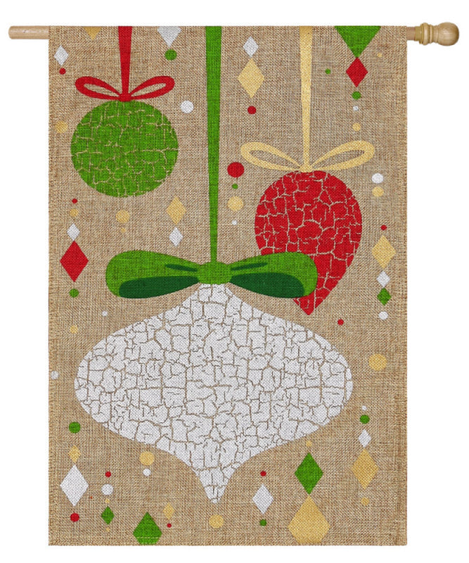 Christmas Ornament Crackle Printed Burlap Seasonal House Flag; Polyester