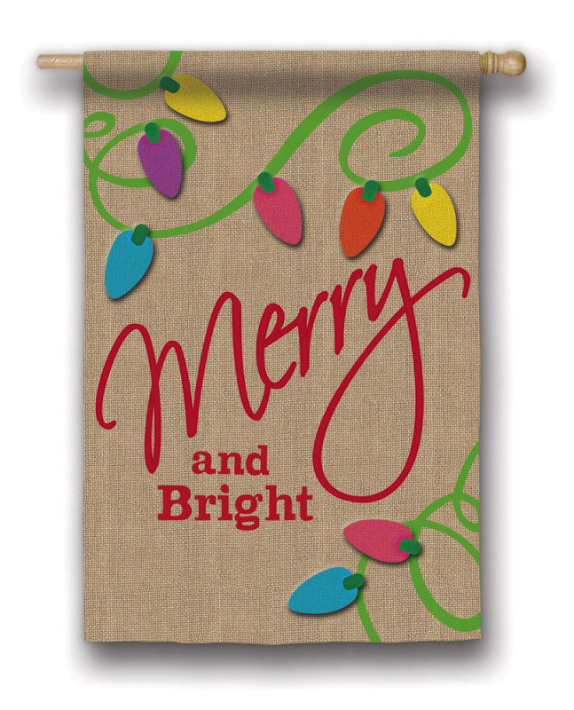 "Merry & Bright" Printed Burlap Seasonal House Flag; Polyester
