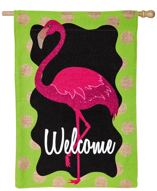 Flamingo Welcome Printed Burlap Seasonal House Flag; Polyester